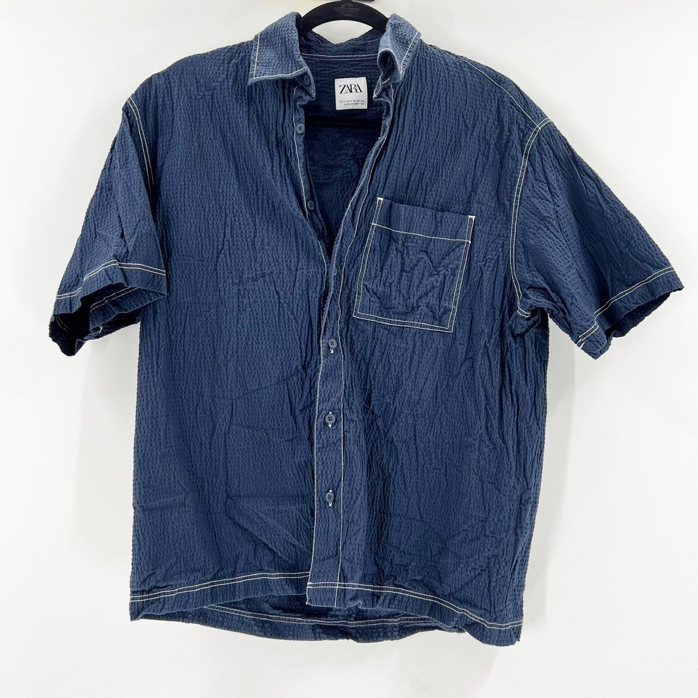 Zara Textured Navy Blue Short Sleeve Button Up Shirt Relaxed Fit